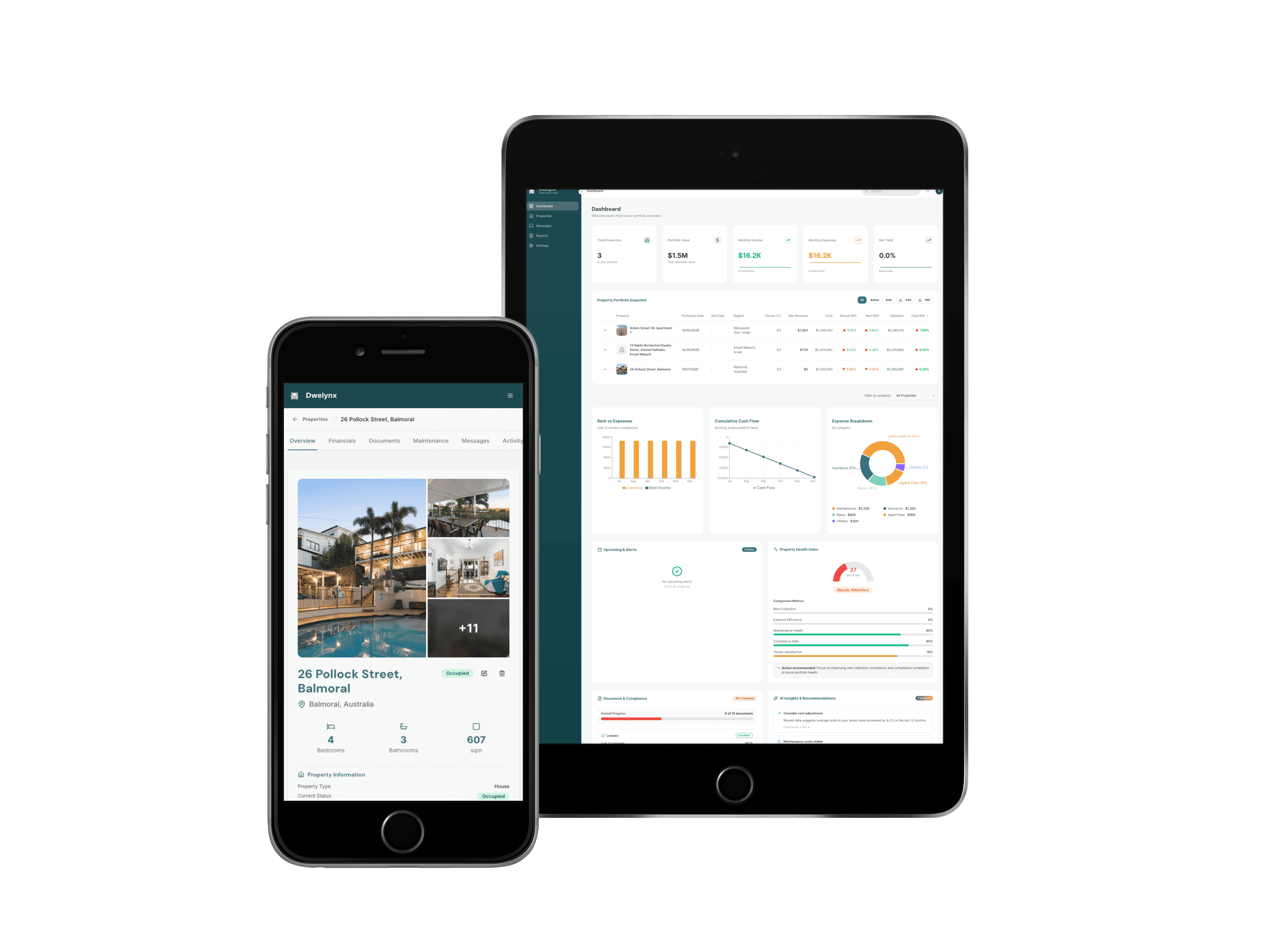Dwelynx app on iPhone and iPad showing property management dashboard
